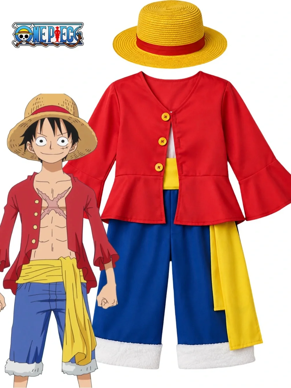 One Piece Luffy Costume Kids 8/9 Monkey D Luffy Anime Cosplay Halloween
